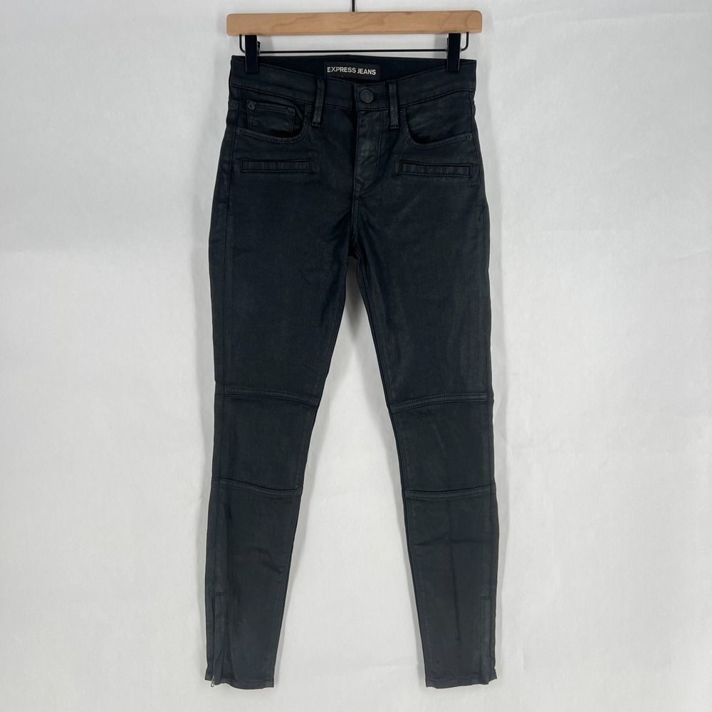 Express Jeans Ankle Leggings Womens 0 Black‎ Coated Denim Stretch Mid Rise